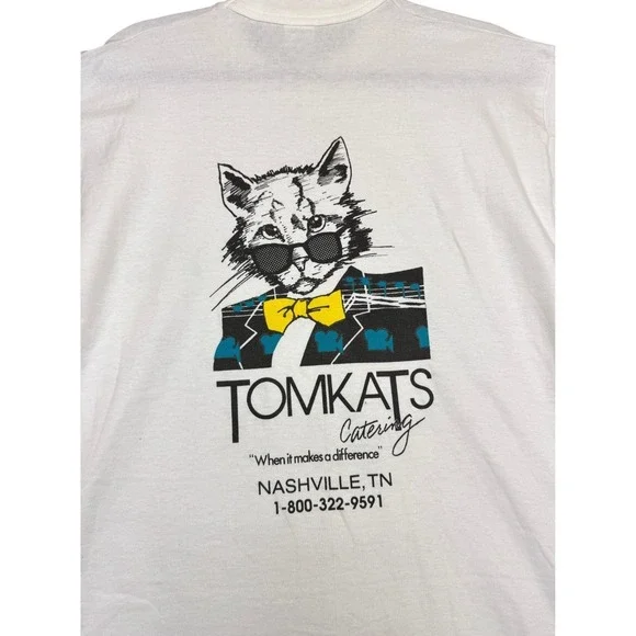 Vintage 1990 Tomkats Catering T Shirt L White Sgt Bilko Film Crew Promo Cat - Picture 4 of 14